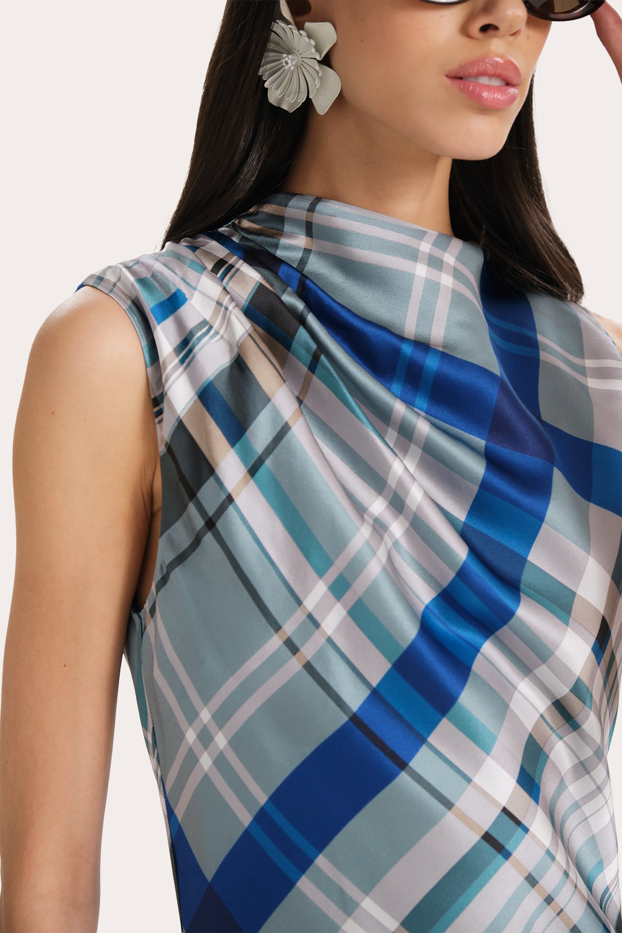 Grace Silk Charmeuse Plaid Draped Midi Dress