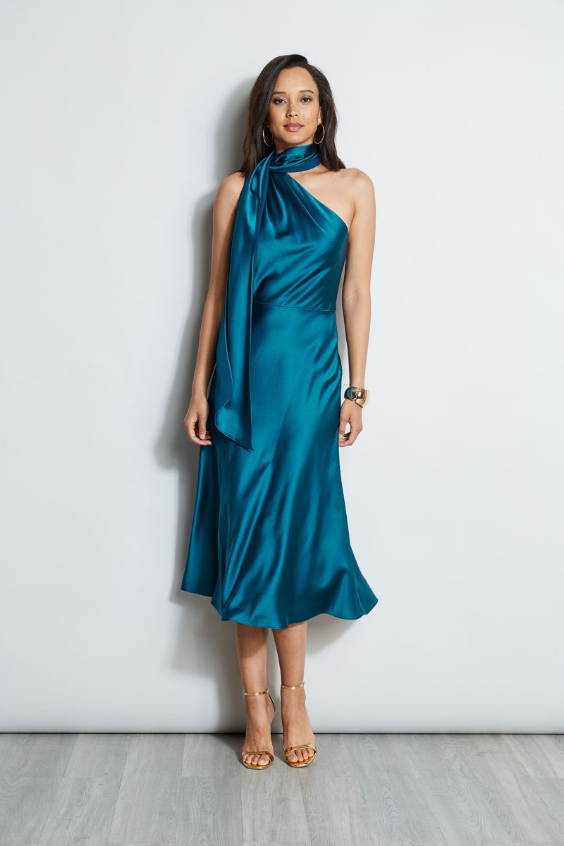 One Shoulder Satin Scarf Dress