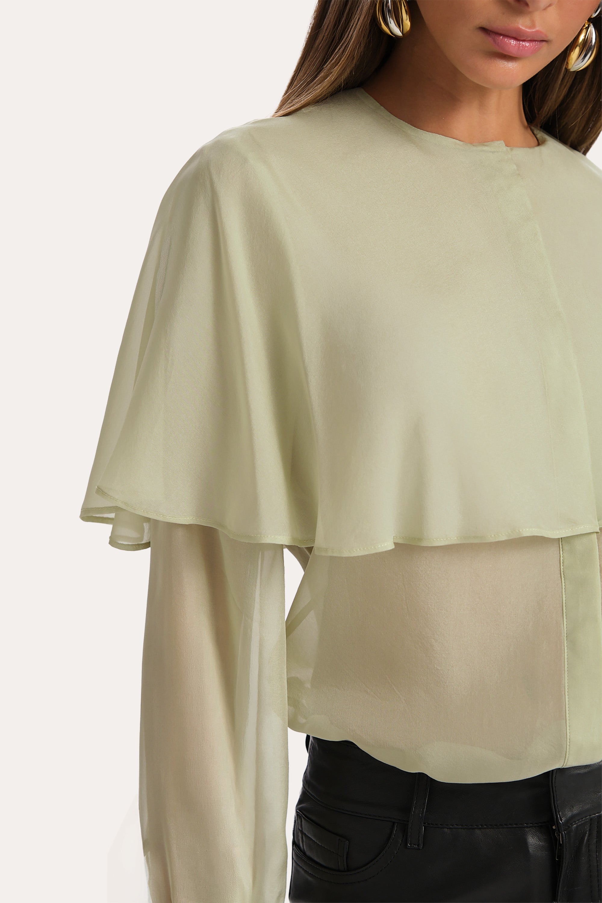 Sage Silk Chiffon Cape Blouse