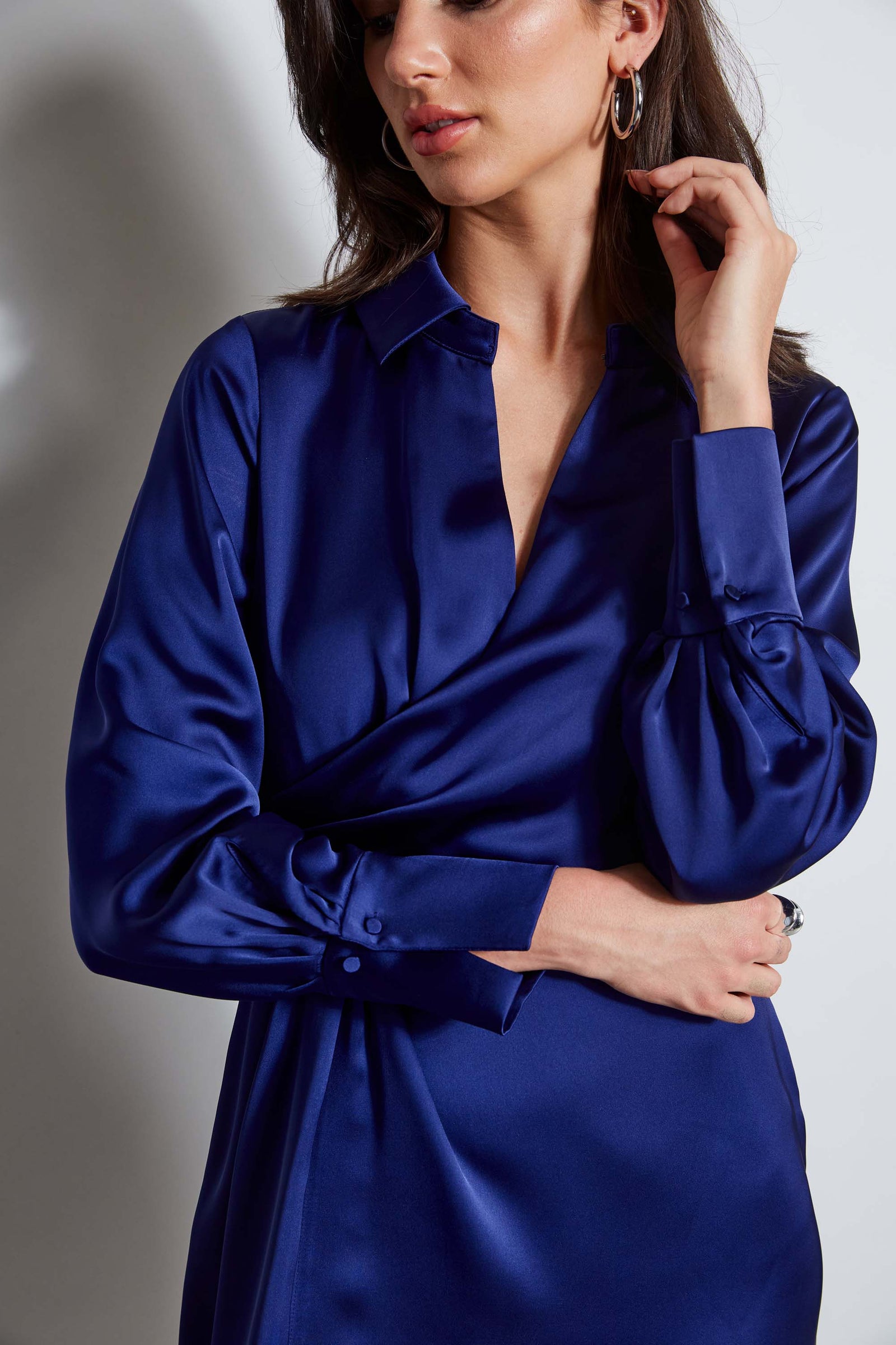 knee length dresses for ladies Fitted Satin Long Sleeves Open Eggplant Evening Gown AC381 2 / Eggplant (Purple)