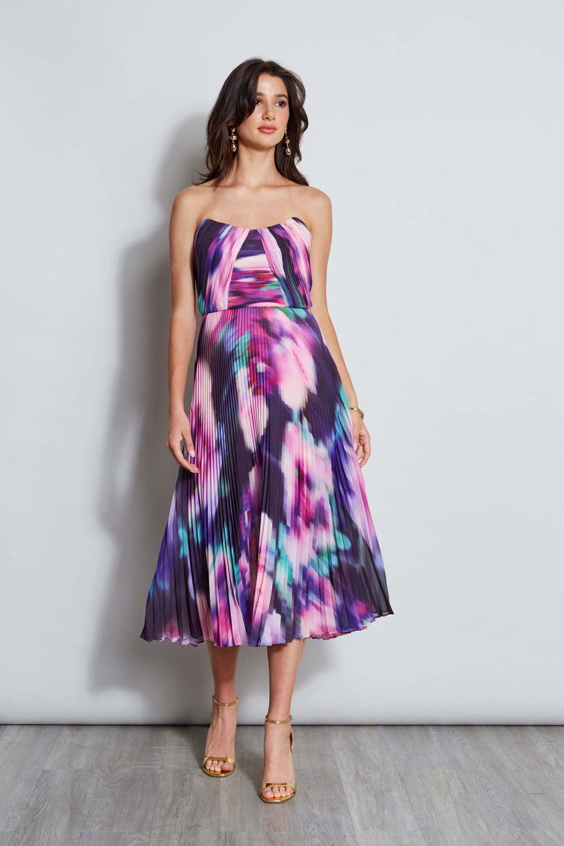 Strapless Pleated Print Midi Dress Elie Tahari