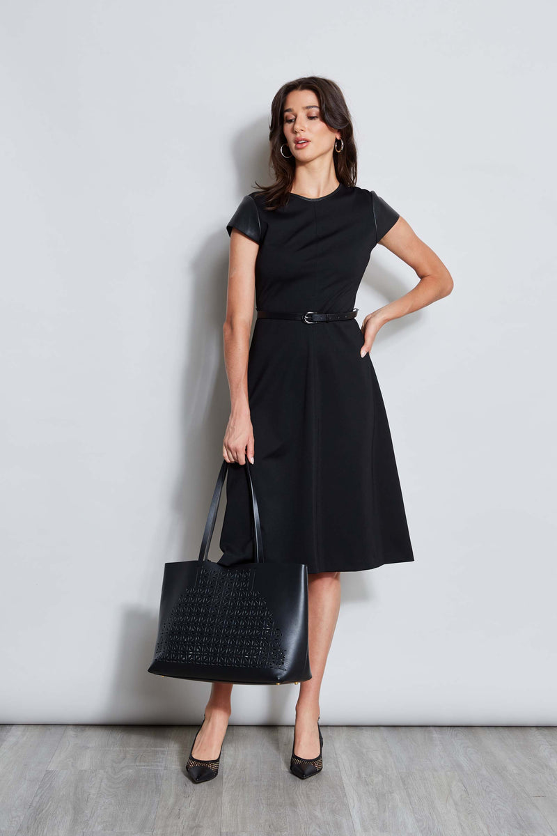 Elie Tahari Vegan Leather Short Sleeve Belted Knit Dress Elie Tahari Vegan Leather Short Sleeve Belted Knit Dress