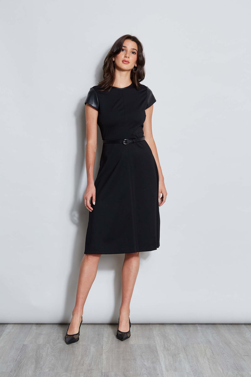 Elie Tahari Vegan Leather Short Sleeve Belted Knit Dress Elie Tahari Vegan Leather Short Sleeve Belted Knit Dress