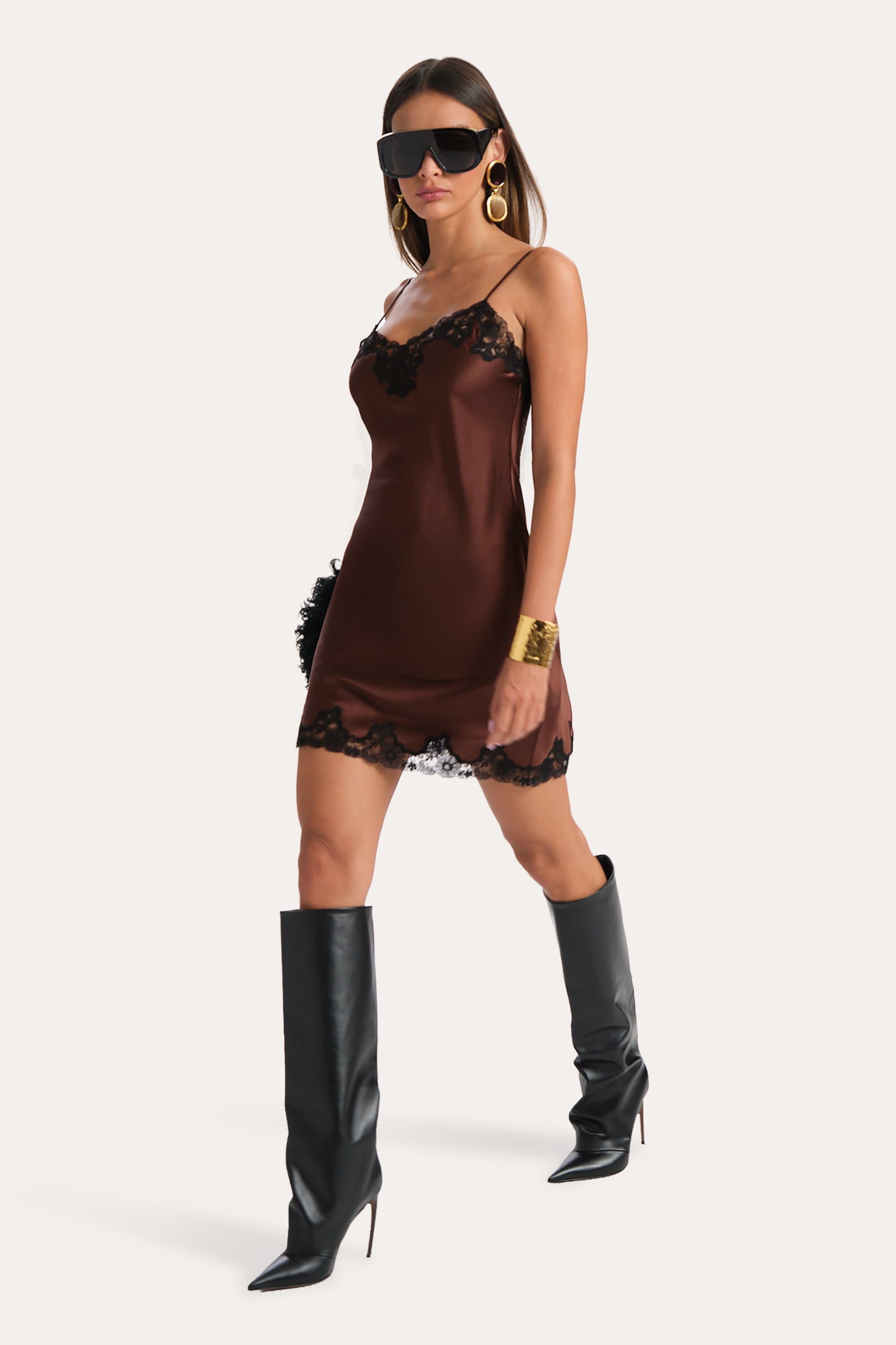 BRIA SILK LACE SLIP DRESS in BITTER CHOCOLATE