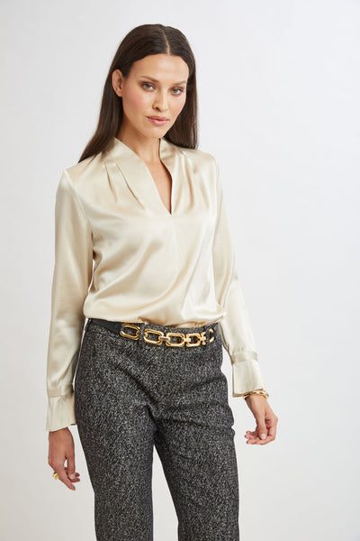 Silk Satin Contour Neck Ruffle Cuff Shirt Image 4