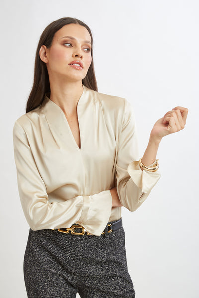 Silk Satin Contour Neck Ruffle Cuff Shirt Image 3