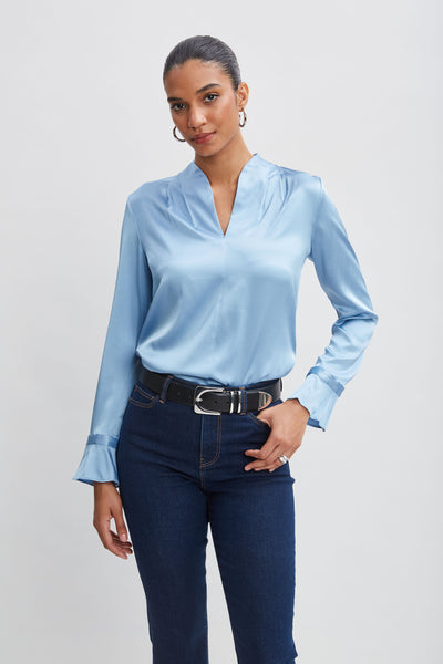 Silk Satin Contour Neck Ruffle Cuff Shirt Image 3