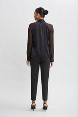 Chiffon Sleeve Silk Satin Tie Shirt