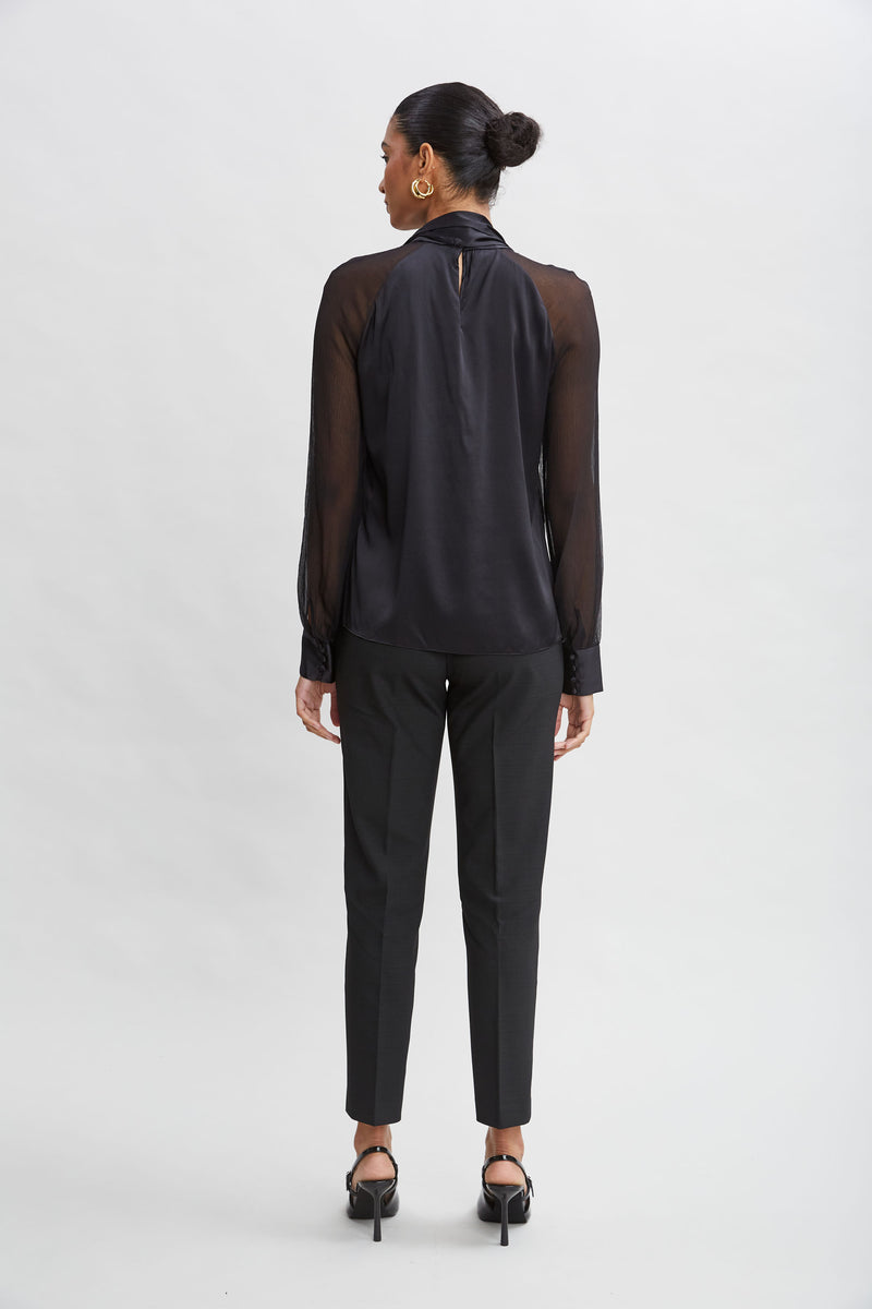 Chiffon Sleeve Silk Satin Tie Shirt
