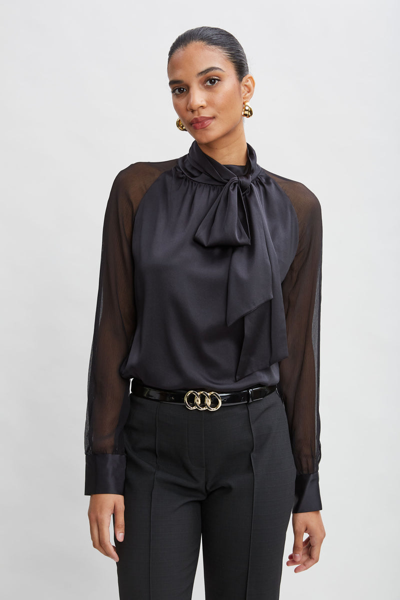 Chiffon Sleeve Silk Satin Tie Shirt
