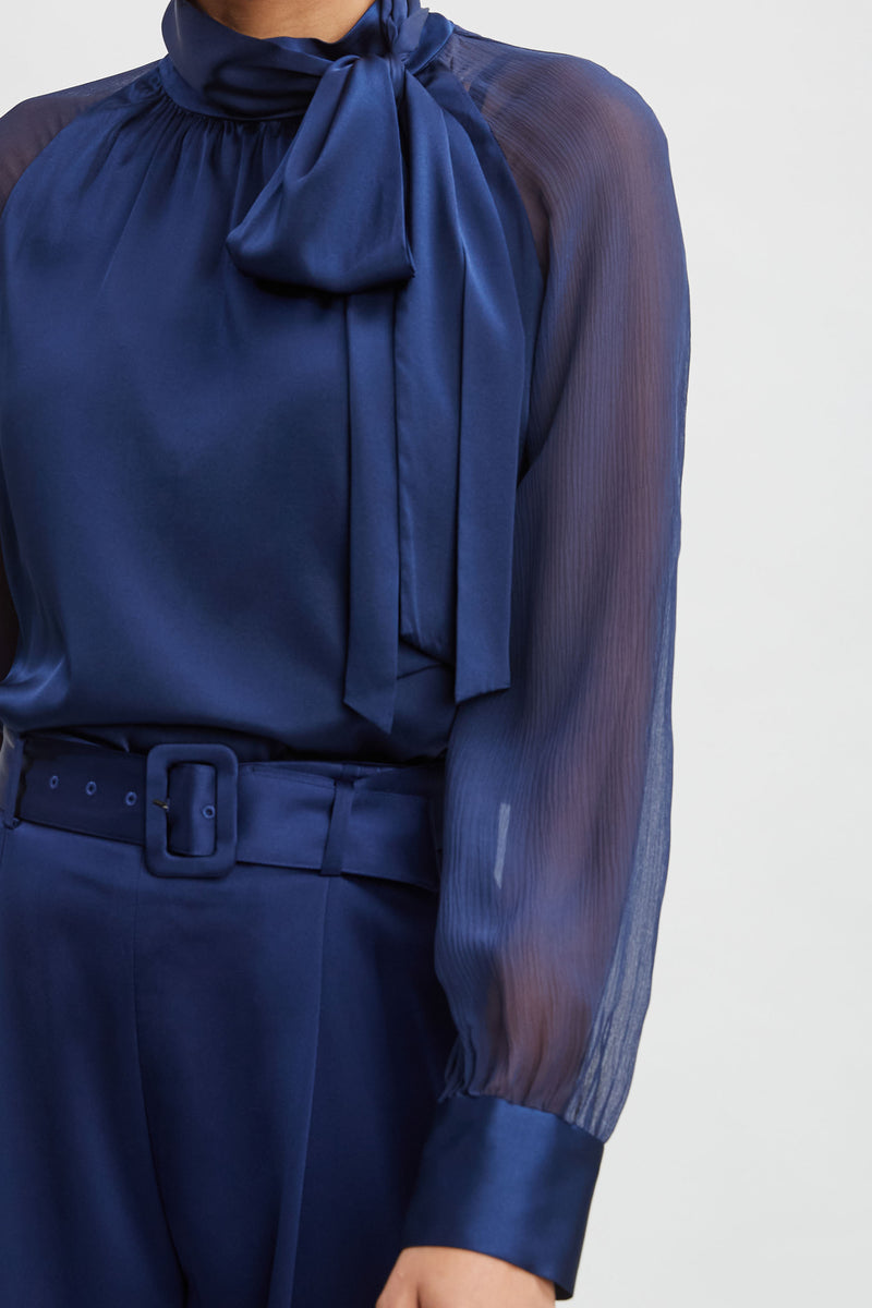 Chiffon Sleeve Silk Satin Tie Shirt