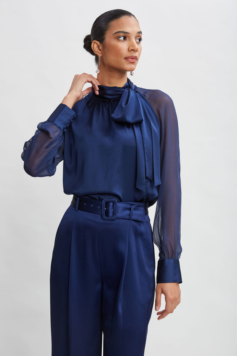 Chiffon Sleeve Silk Satin Tie Shirt