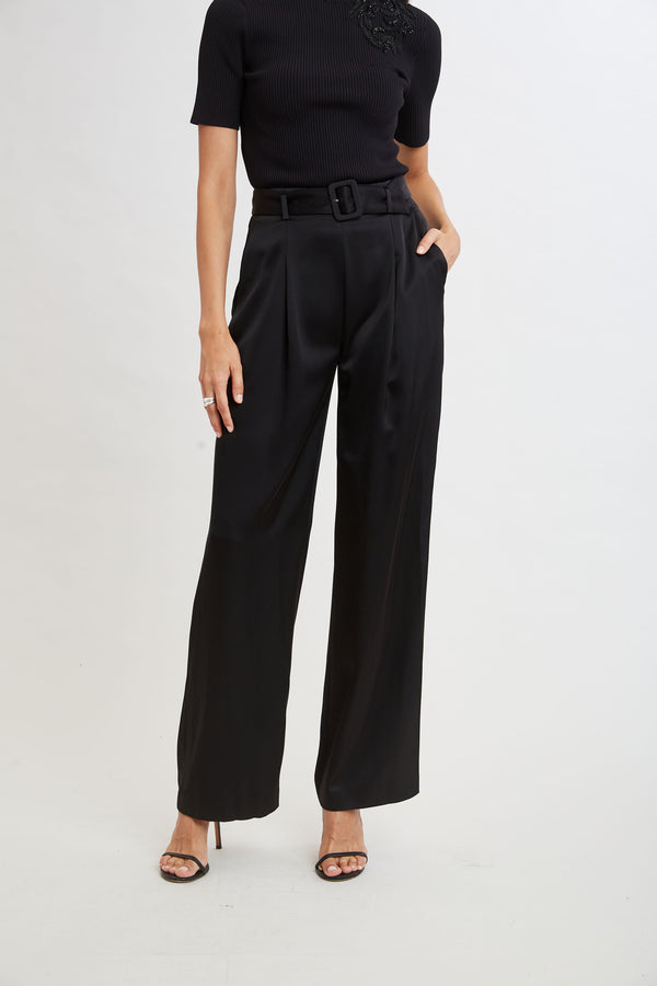 Belted Satin Pleated Pant - HOLD