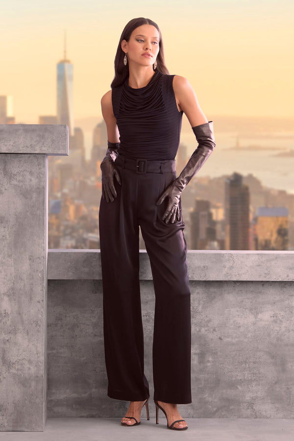 Belted Satin Pleated Pant - HOLD