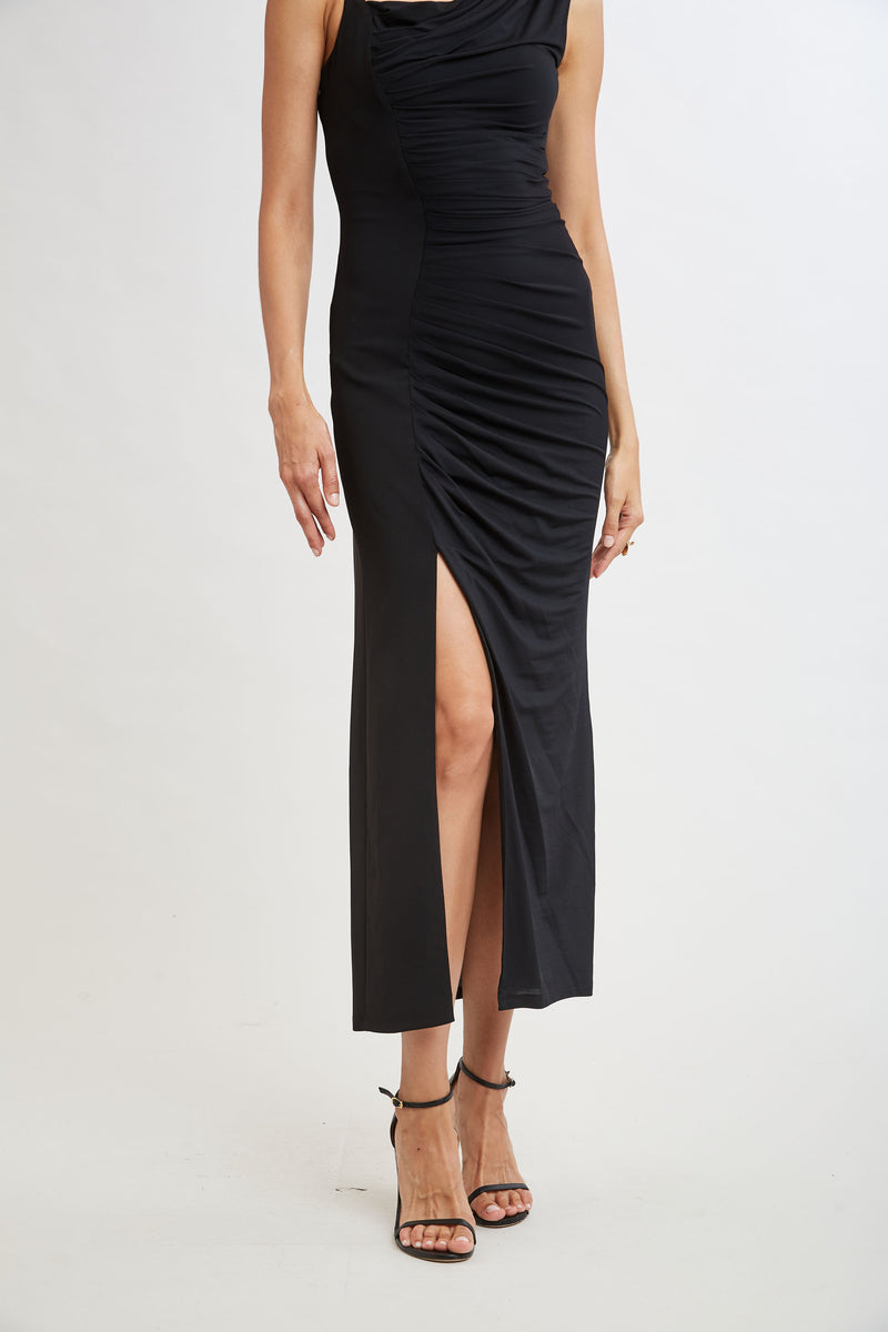 Chain Detail Asymmetric Matte Jersey Dress