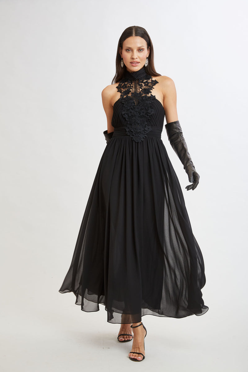 Lace Applique Chiffon Halter Gown Black / 6 Lace Applique Chiffon Halter Gown Black / 6