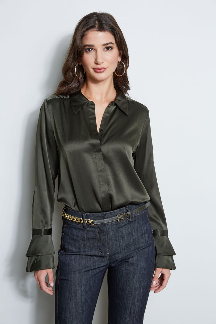 SILK SATIN RUFFLE CUFF SHIRT