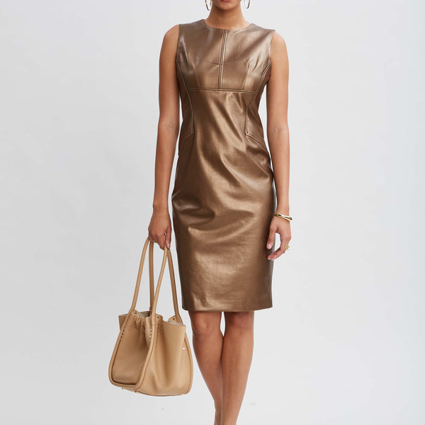 Metallic Vegan Leather Panel Dress – Elie Tahari