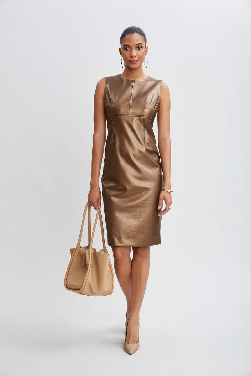 Metallic Vegan Leather Panel Dress Elie Tahari Metallic Vegan Leather Panel Dress Elie Tahari