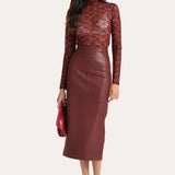 BROOKLYN LAMB LEATHER MIDI SKIRT - RED