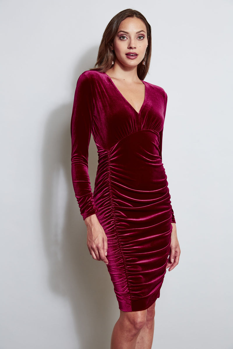 V-Neck Ruched Velvet Dress