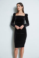 Ruched Velvet Square Neck Dress