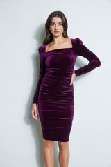 Ruched Velvet Square Neck Dress