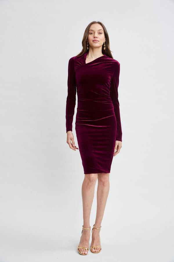 Asymmetric Ruched Velvet Dress Elie Tahari