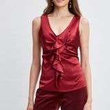 Silk Satin Sleeveless Ruffle Top