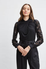 Sequin Sleeve Twist Neck Knit