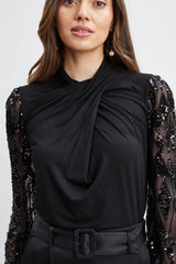 Sequin Sleeve Twist Neck Knit