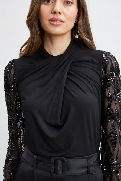 Sequin Sleeve Twist Neck Knit Image 4
