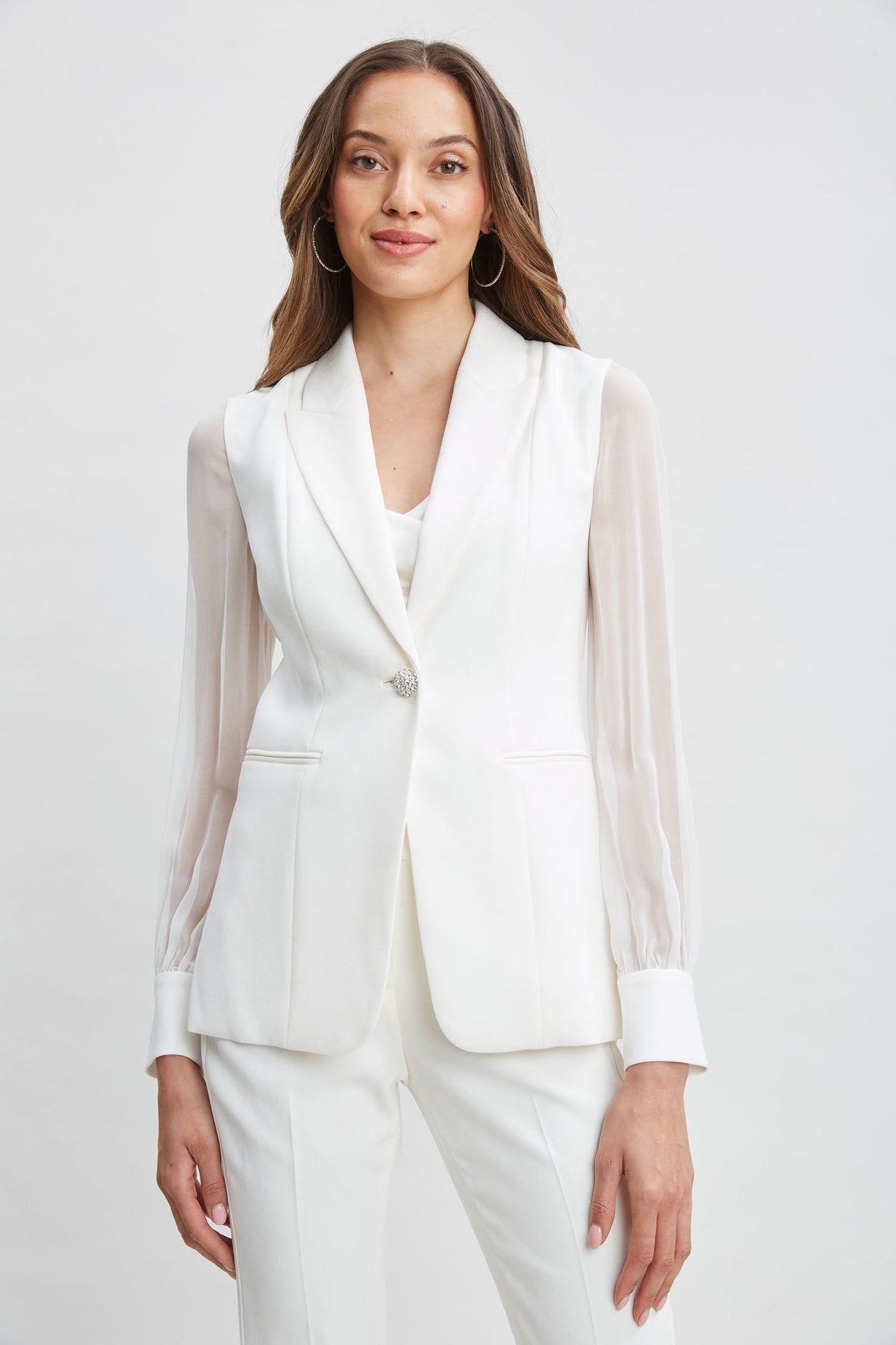 Chiffon Sleeve Jewel Button Blazer – Elie Tahari Chiffon Sleeve Jewel Button Blazer – Elie Tahari