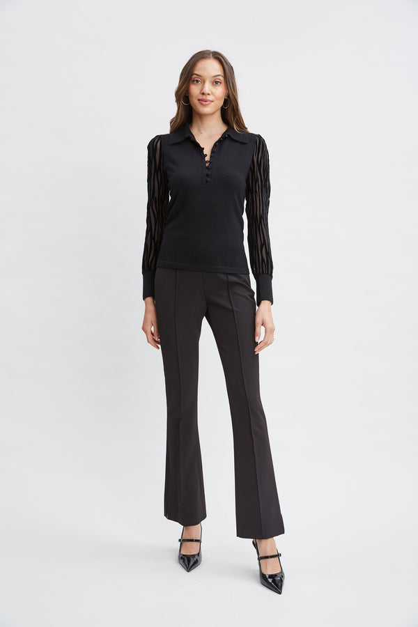 Velvet Burnout Sleeve Polo Sweater