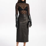 BROOKLYN LAMB LEATHER MIDI SKIRT - BLACK