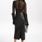 BROOKLYN LAMB LEATHER MIDI SKIRT - BLACK