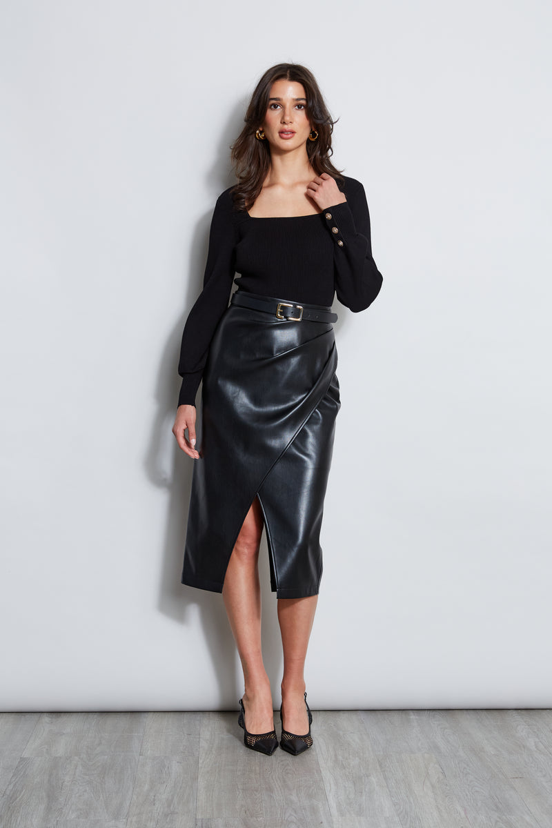 Midi Vegan Leather Wrap Skirt