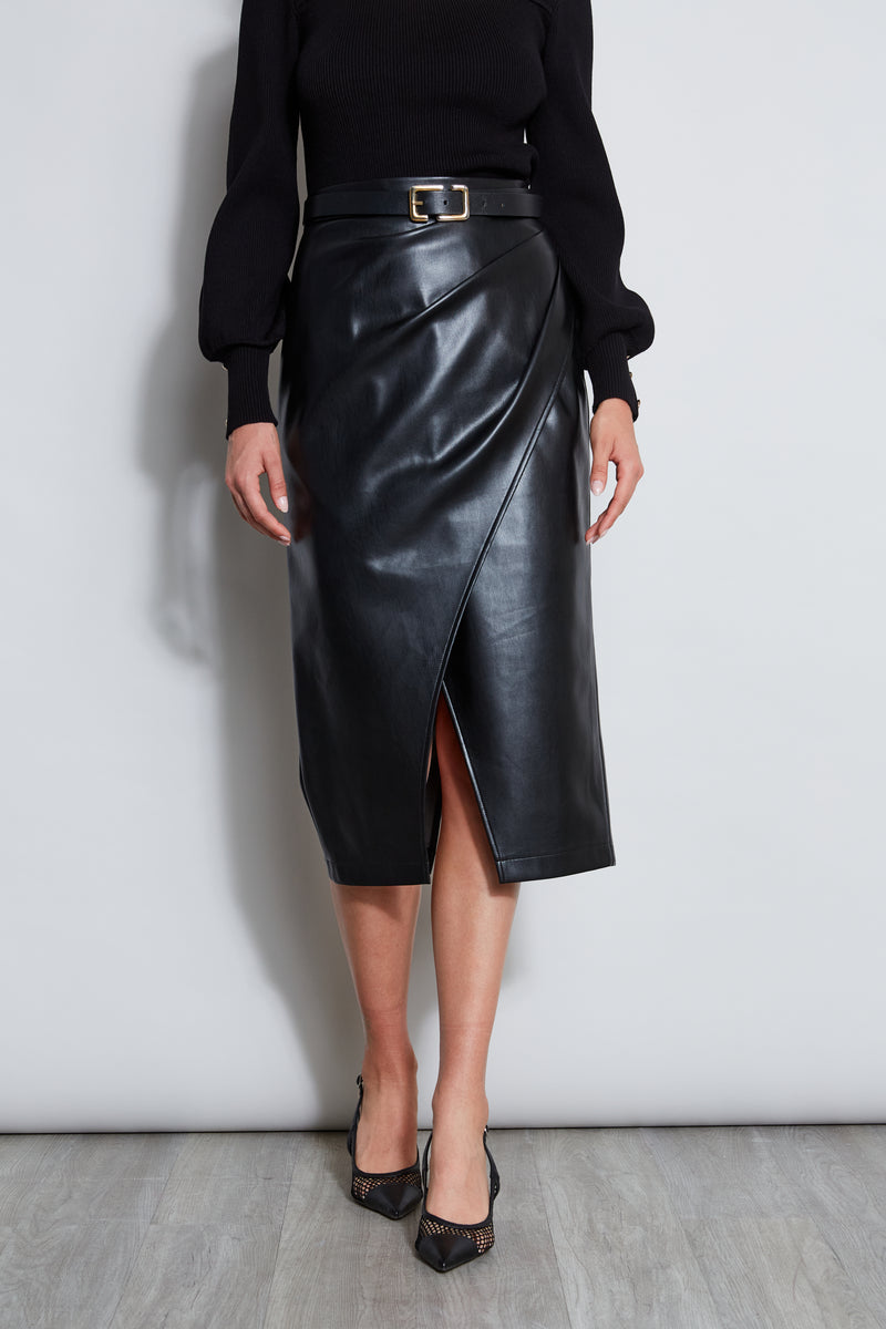 Midi Vegan Leather Wrap Skirt