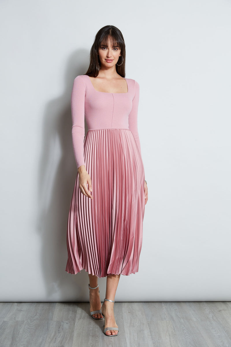 Square Neck Pleated Midi Dress