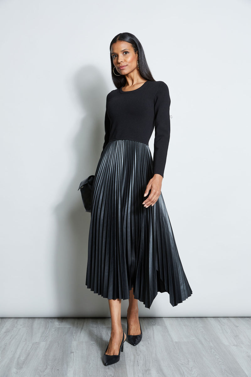 Vegan Leather Pleated Midi Dress