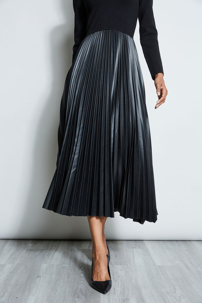 Vegan Leather Pleated Midi Dress