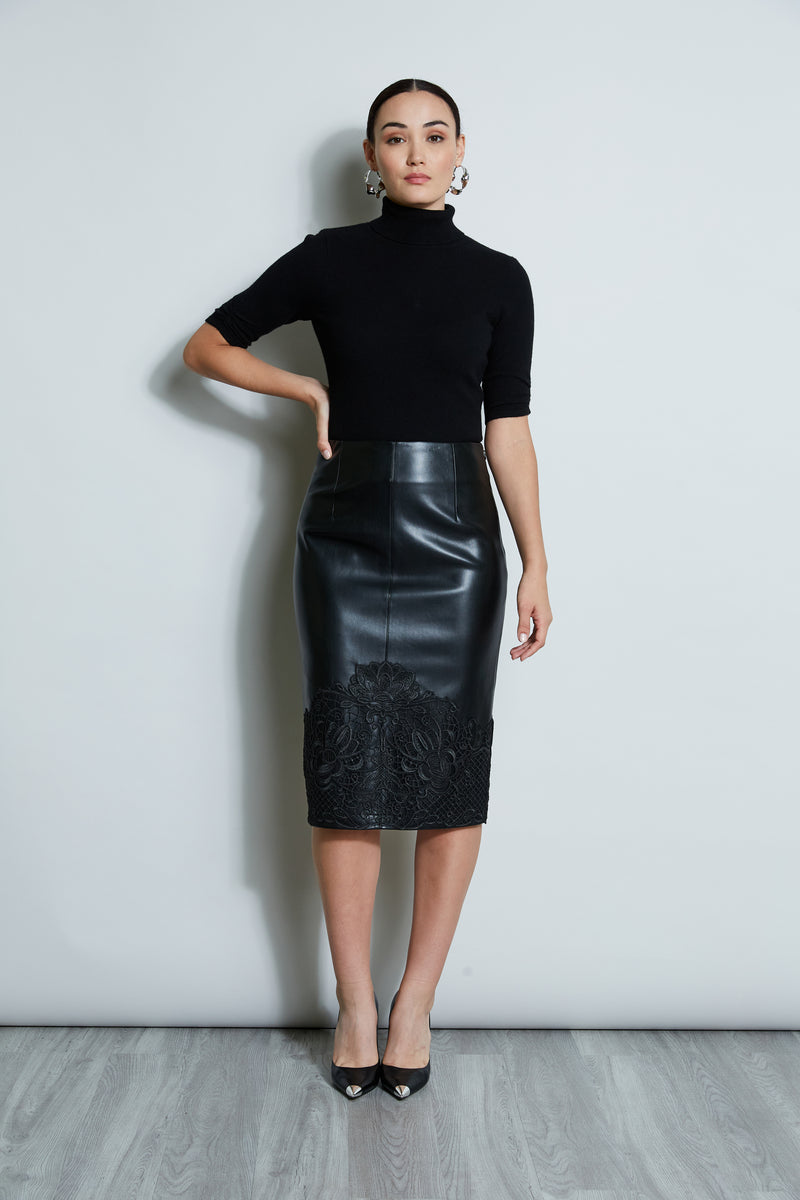 Black leather on sale pencil skirt lace