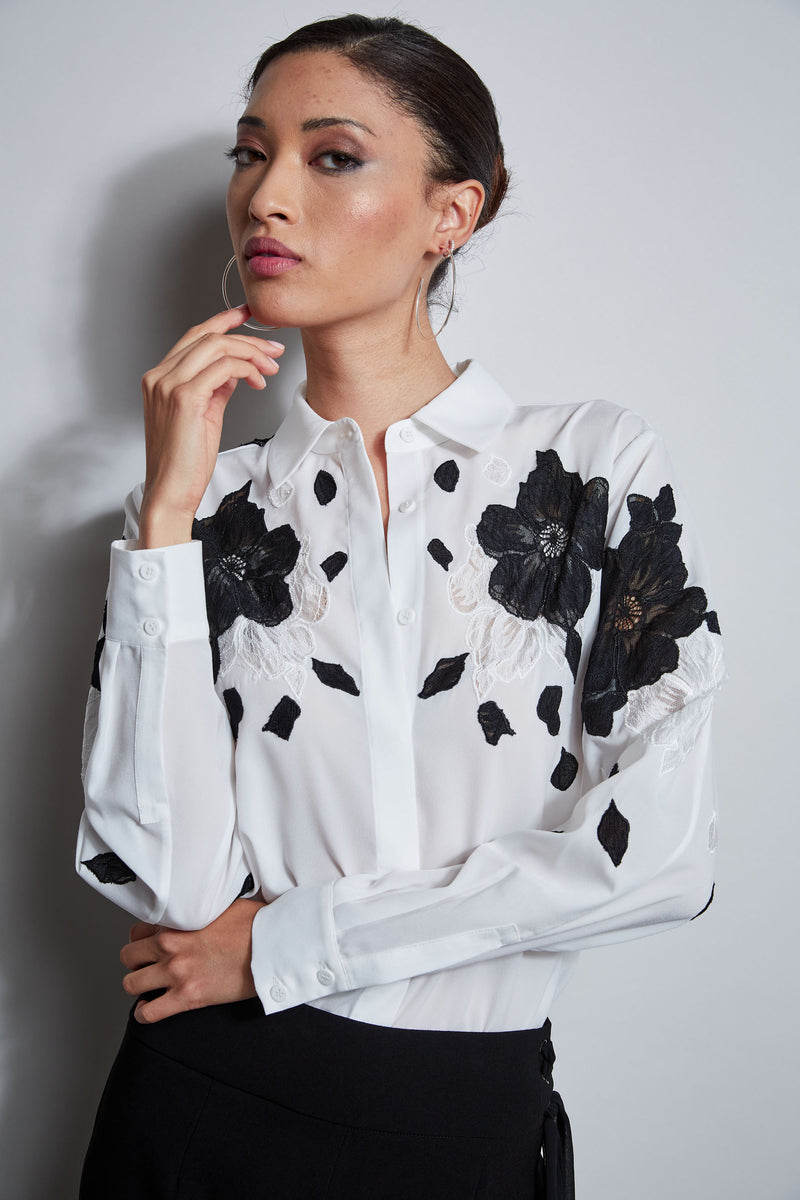 Floral Applique Silk Shirt