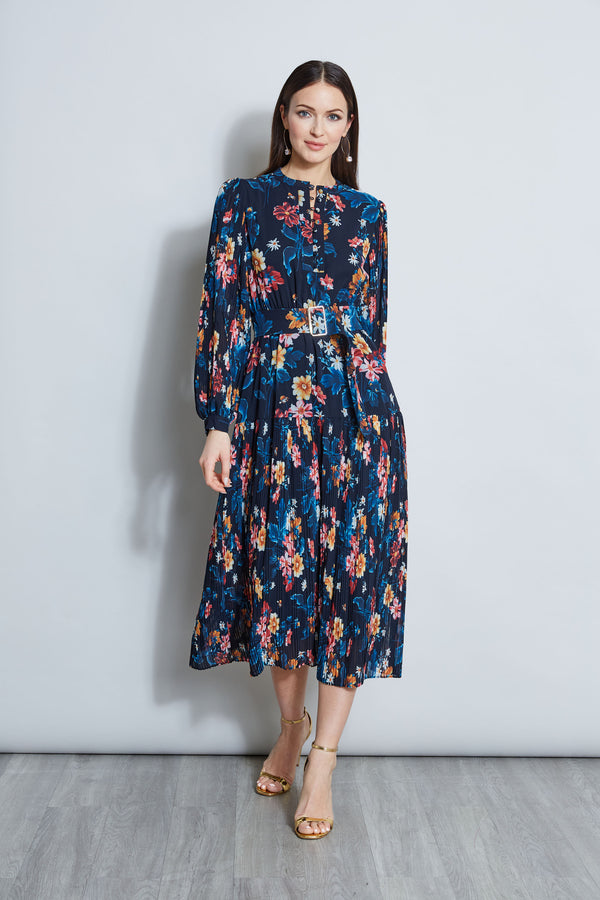 Floral Belted Pleated Midi Dress