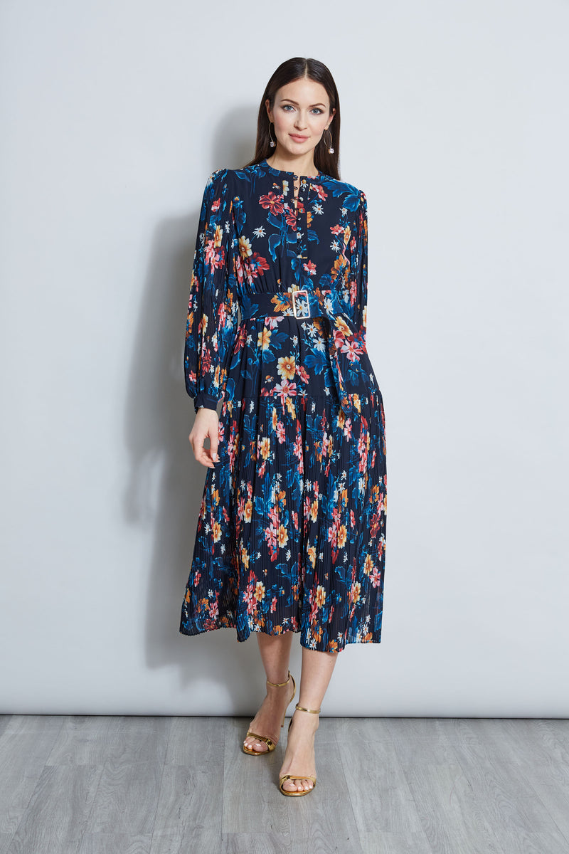 Pleated Floral Midi Dress