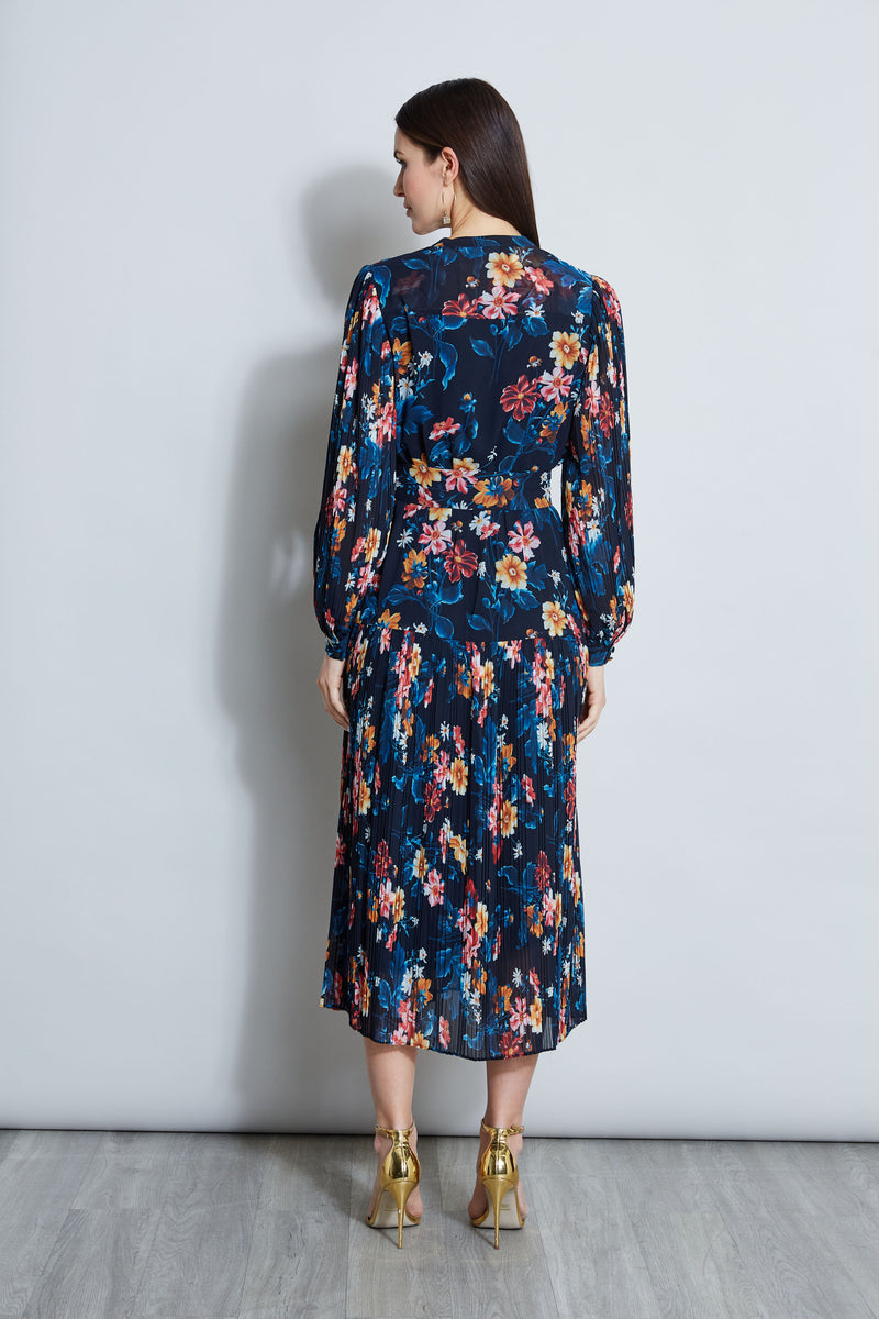 Floral Belted Pleated Midi Dress