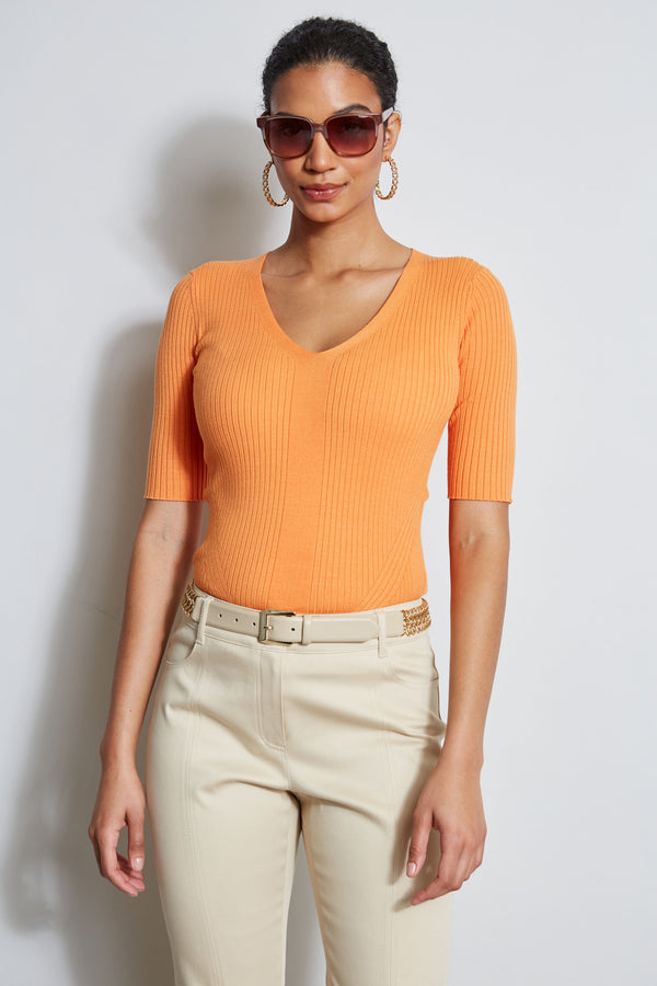 Short Sleeve V-Neck Rib Sweater