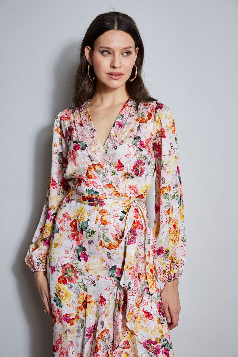 Embroidered Floral Wrap Dress
