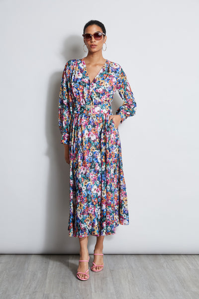 Long Sleeve Floral Belted Dress Image 1