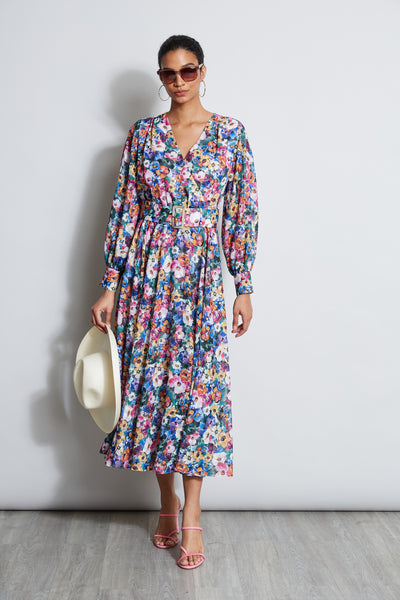 Long Sleeve Floral Belted Dress Image 3
